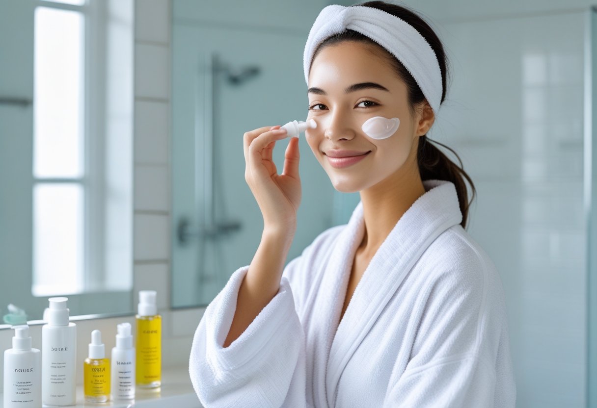 A young woman applying moisturizer to her face in a bright bathroom with skincare products on the counter.