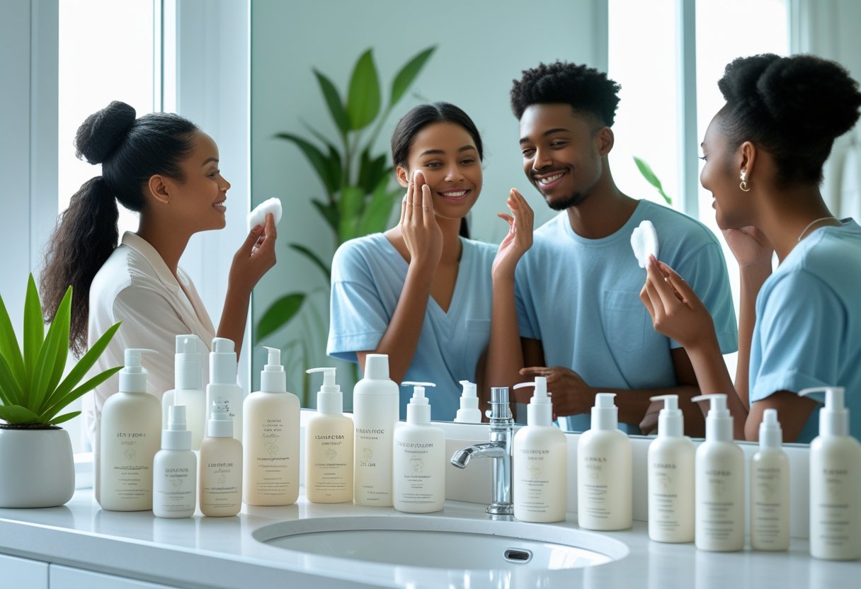 Three young adults in a bright bathroom, applying skincare products and looking into a mirror together.