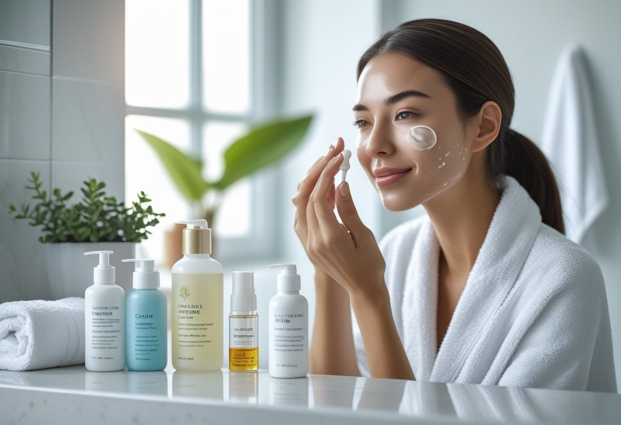 A young woman applying moisturizer to her face in a bright bathroom with skincare products on the counter.