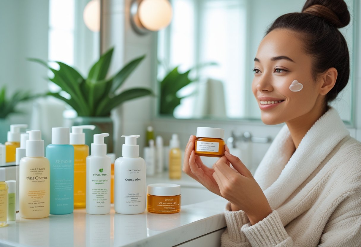 A young woman holding a jar of cream, standing by a bathroom countertop with various skincare products and plants.