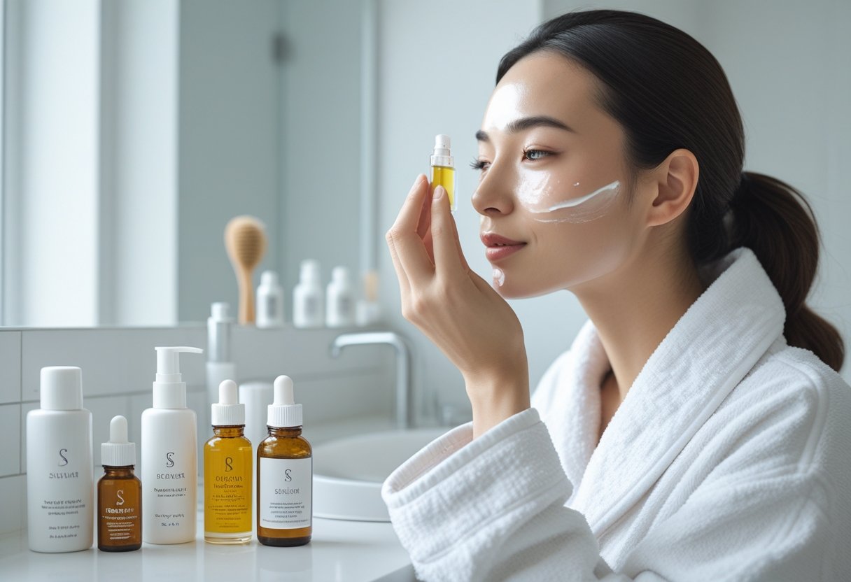 A young woman applying serum to her face in a bright bathroom with skincare products on the counter.