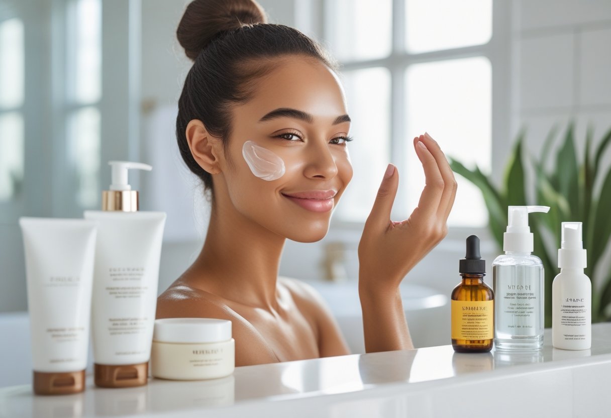 A young woman applying moisturizer to her face in a bright bathroom with skincare products on the counter.