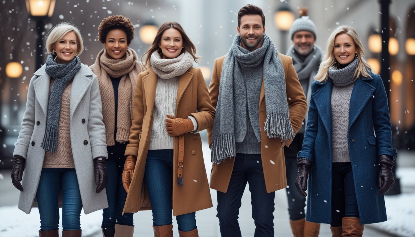 A group of people wearing winter clothes standing outdoors in a city with snow falling.