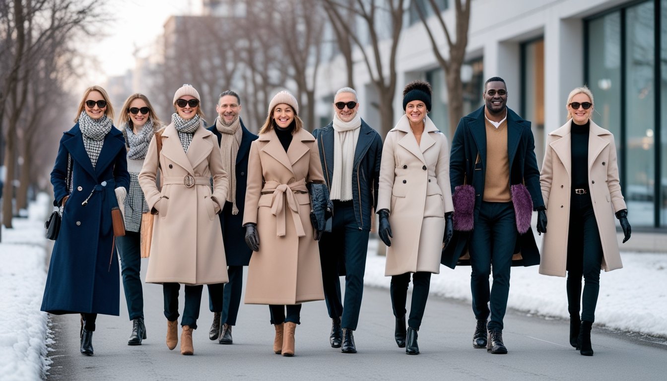 A group of people wearing various winter coats and jackets outdoors on a city street with bare trees and light snow.