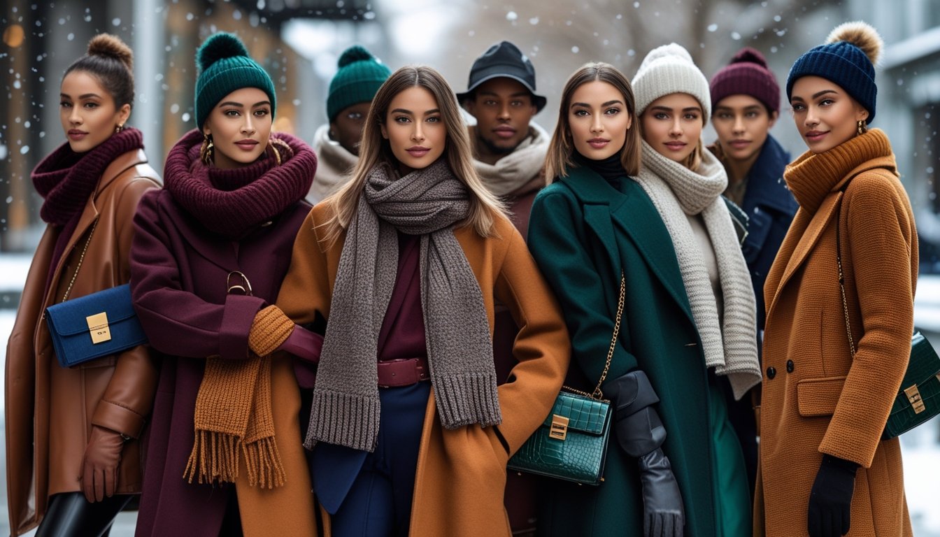 A group of people wearing winter clothes and accessories standing outdoors in a snowy urban setting.