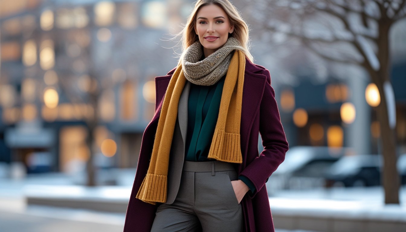 A woman wearing a winter coat and scarf stands outdoors in a city with snow-covered trees in the background.