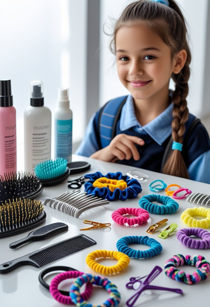 A collection of hairbrushes, hair ties, clips, and styling products on a table with a smiling school-aged girl in the background.