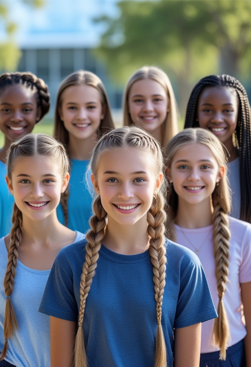 A group of smiling school and college-aged girls outdoors showing different simple braided hairstyles.