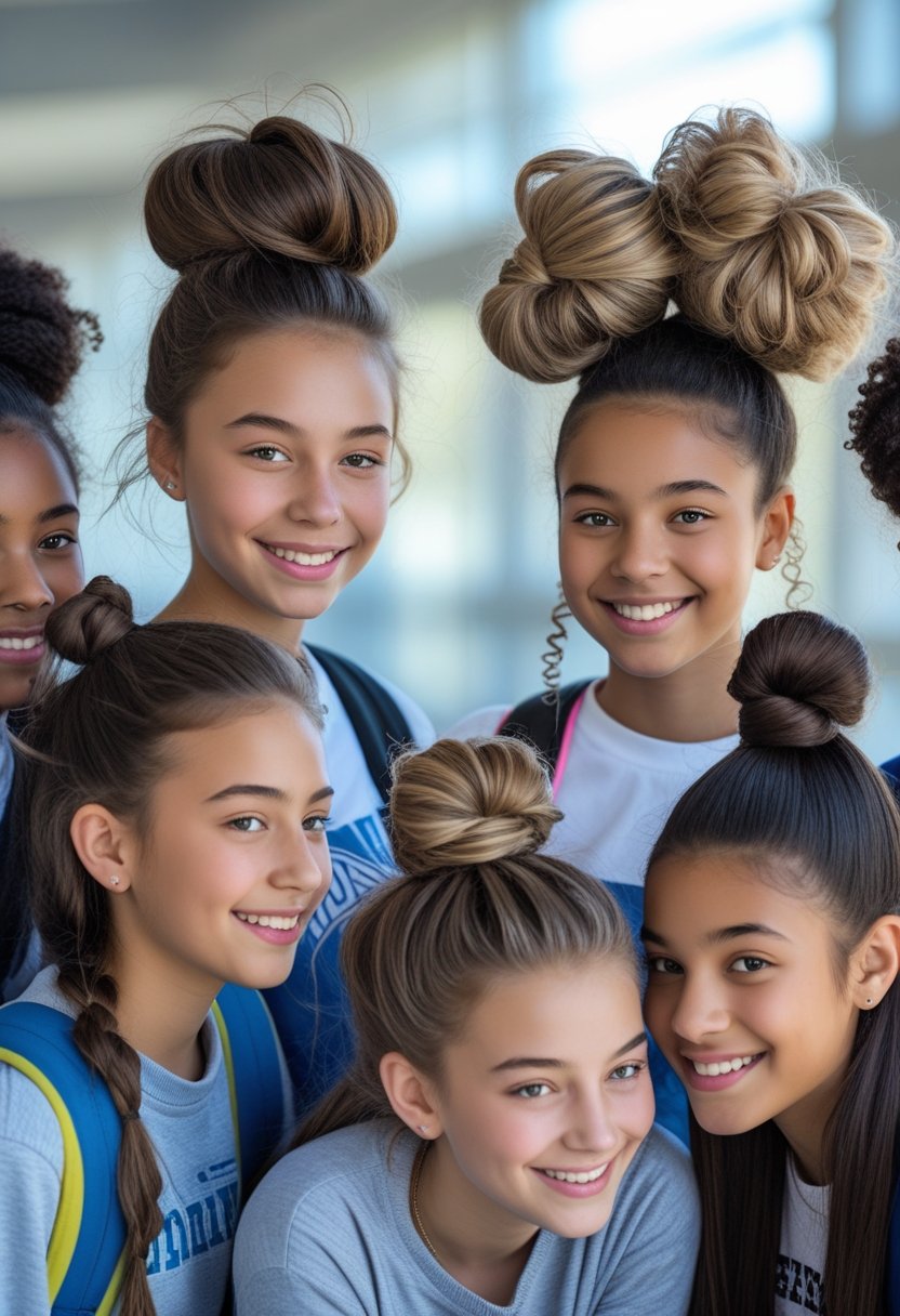 A group of teenage girls in a school setting showing different bun and updo hairstyles, smiling and interacting.