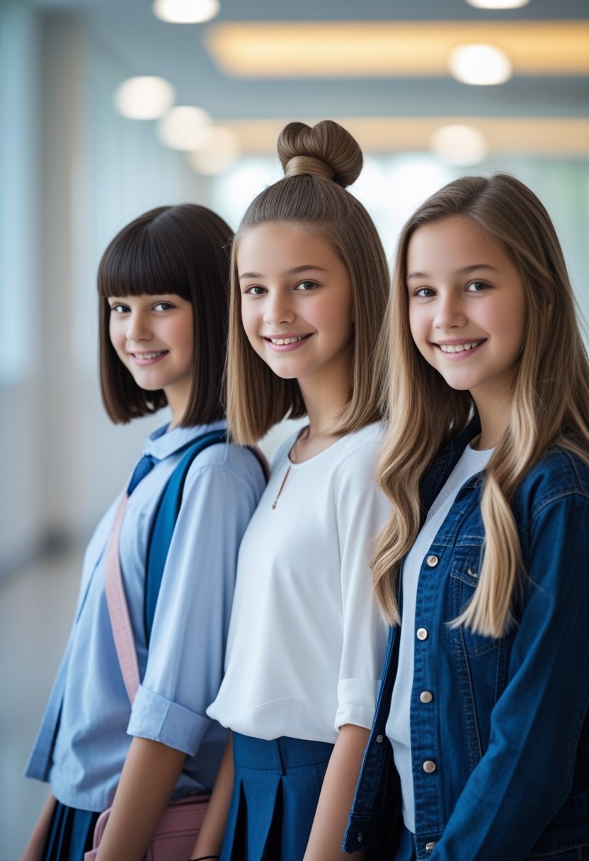 Three girls with short, medium, and long hairstyles standing together indoors, smiling.