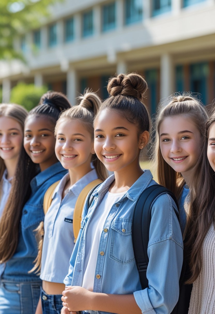 A group of smiling young girls with various hairstyles standing outdoors near a school building.