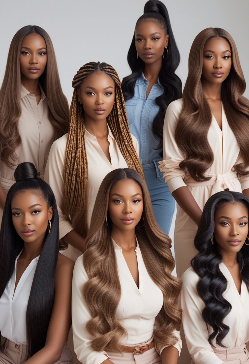 A group of women with different long hairstyles posing together in a studio setting.