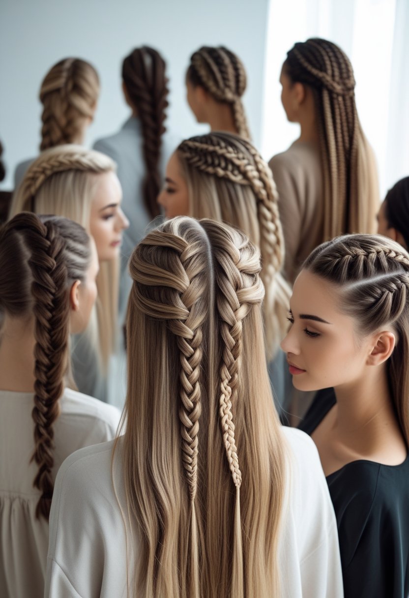A group of women with long hair posing in a studio, each wearing different braided hairstyles.