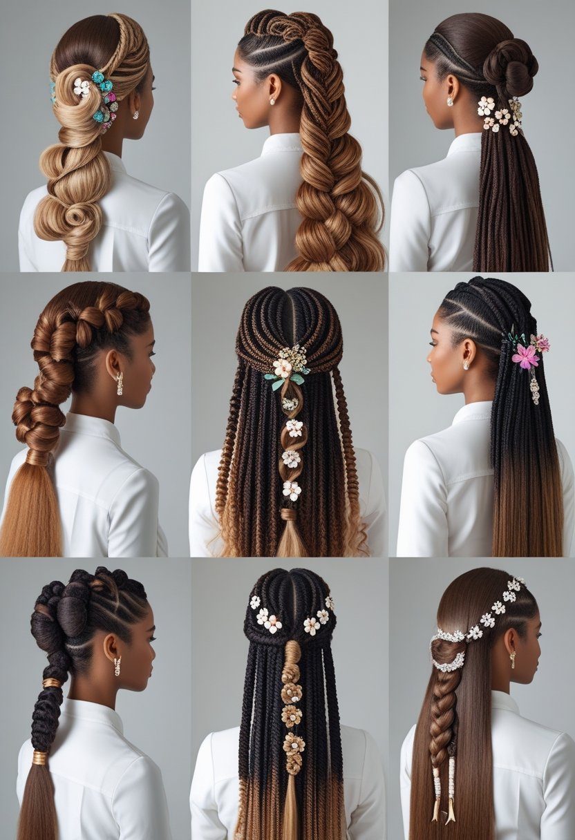 A group of women with long hair styled in various accessorized hairstyles, photographed in a bright studio setting.