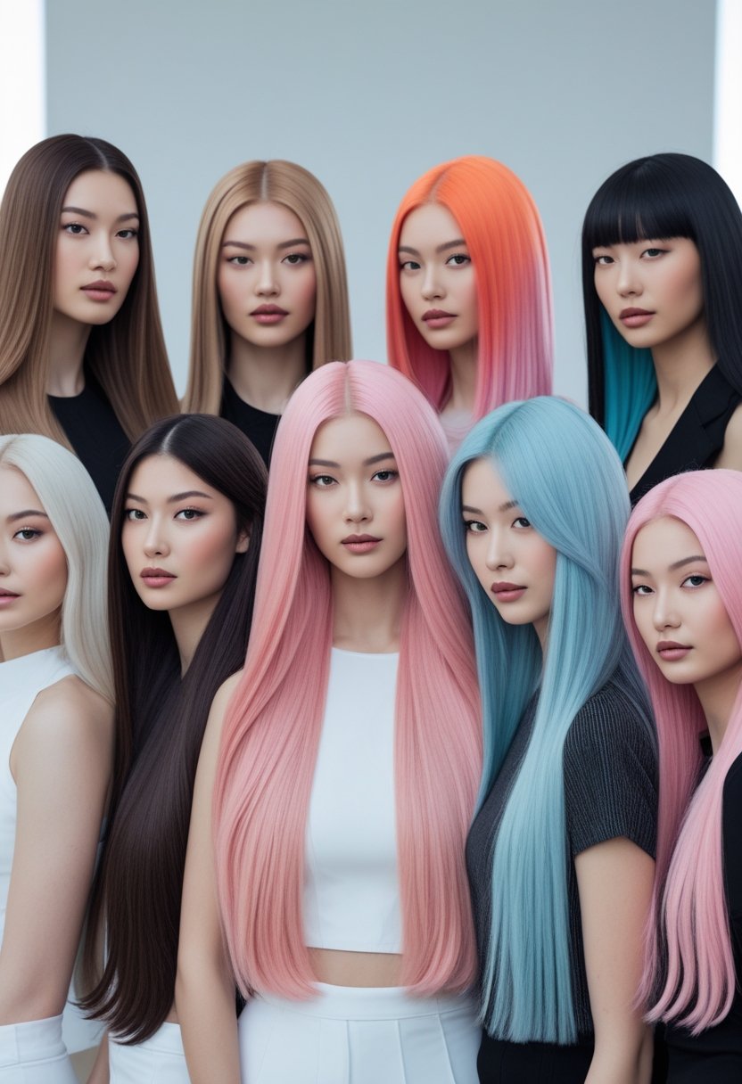 A group of women with long hair styled in different trendy haircuts and colors posing in a studio.