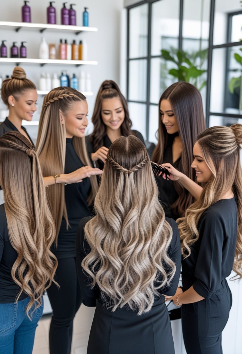 A group of women with long hair in a bright salon, showing different hairstyles while a hairstylist works on one of them.