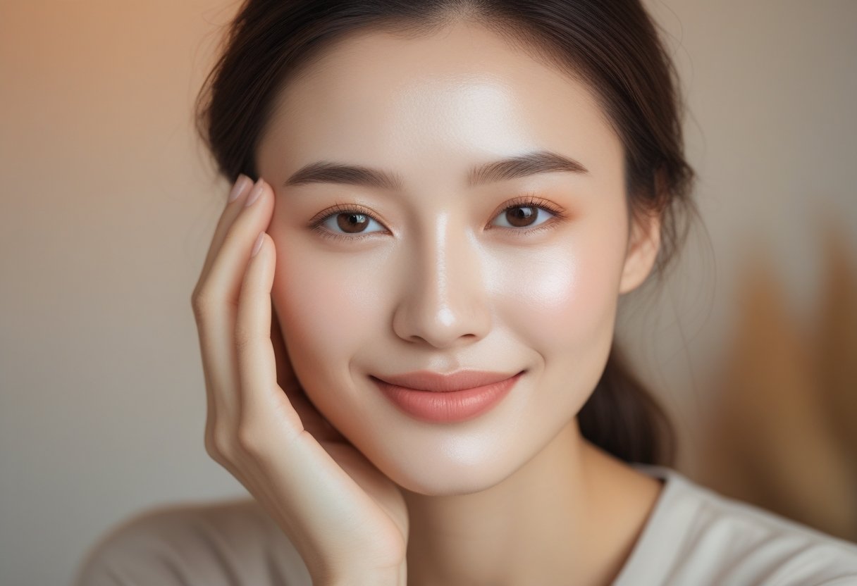 A young woman with clear skin and no makeup gently touching her face and smiling softly at the camera.