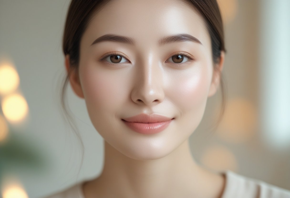 A young woman with clear skin and a gentle smile looking at the camera.