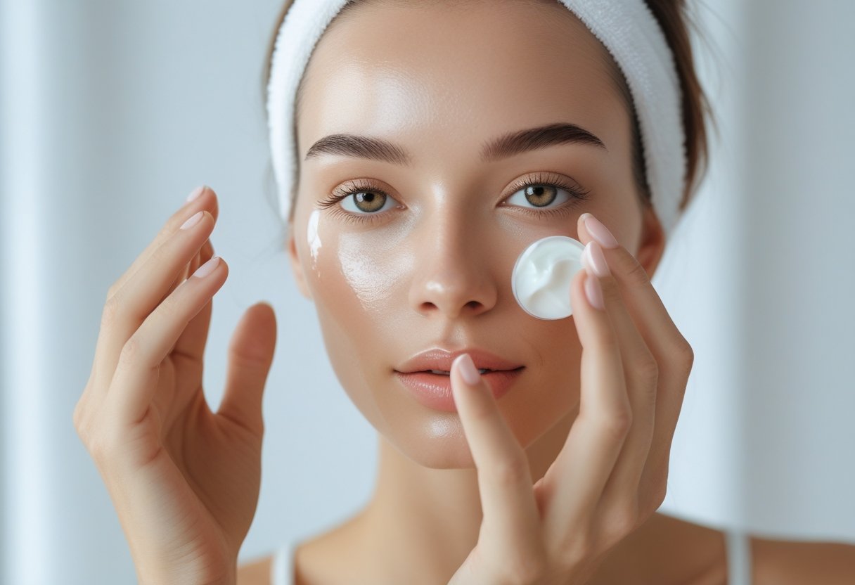 Close-up of a woman applying moisturizer to her face with a calm expression and clear skin.