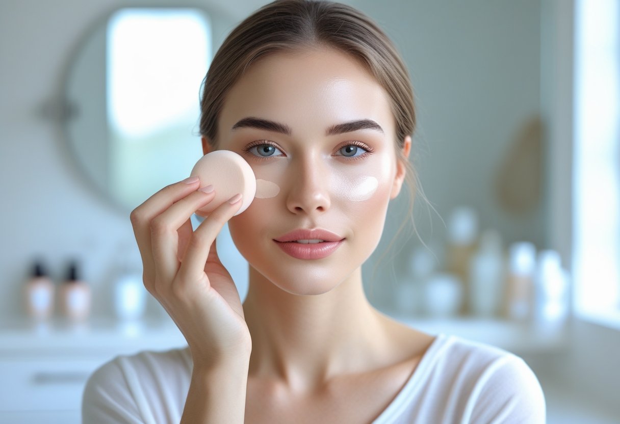 A young woman applying a light layer of foundation to her face in a bright bathroom.