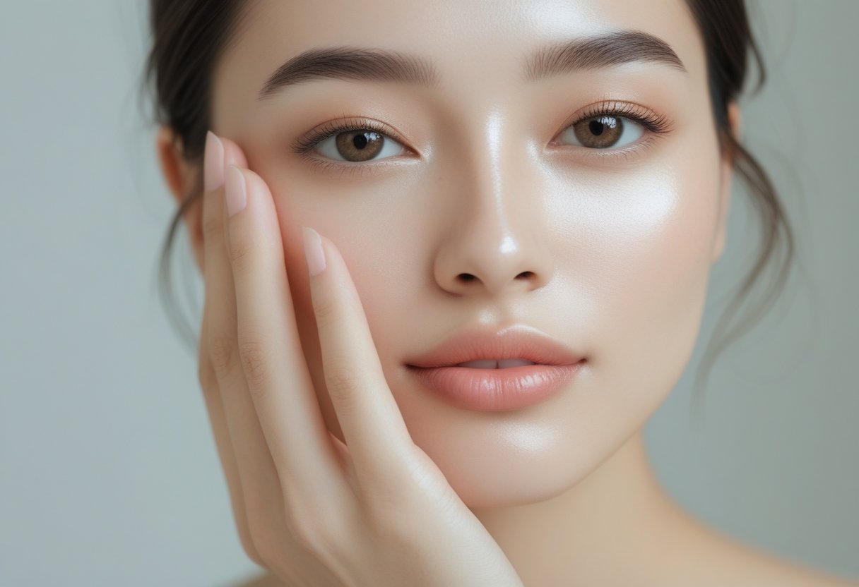Close-up of a young woman with clear skin gently touching her face, showing a natural no-makeup look.