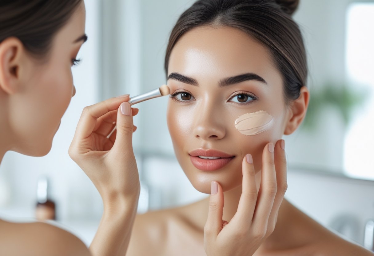 A young woman gently applying light makeup to her face in a bright bathroom, focusing on achieving a natural look.