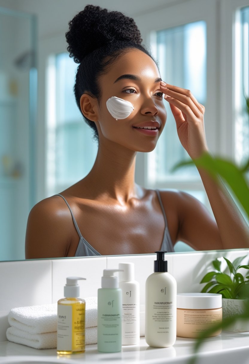 A young woman applying sunscreen to her face in a bright bathroom as the final step of her morning skincare routine.