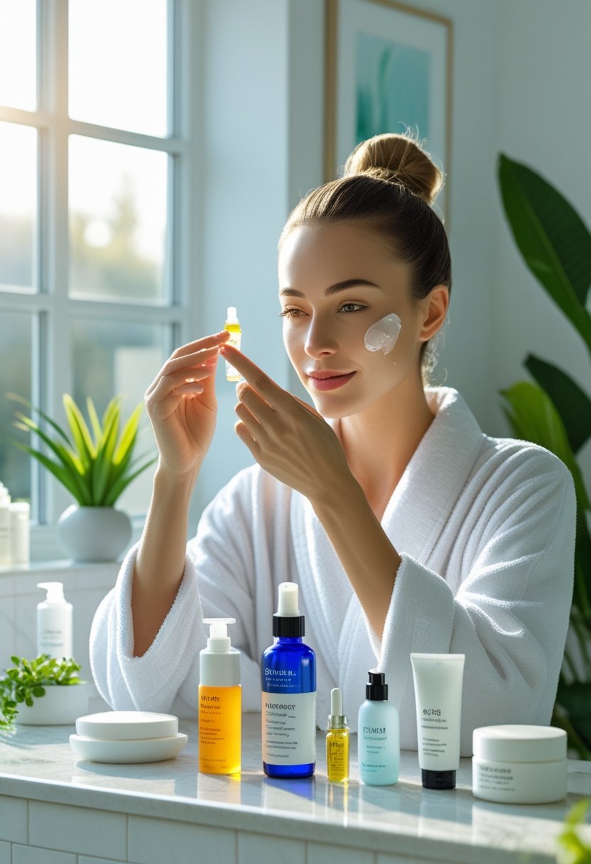A woman in a white bathrobe applying skincare products in a bright bathroom with natural light and plants.