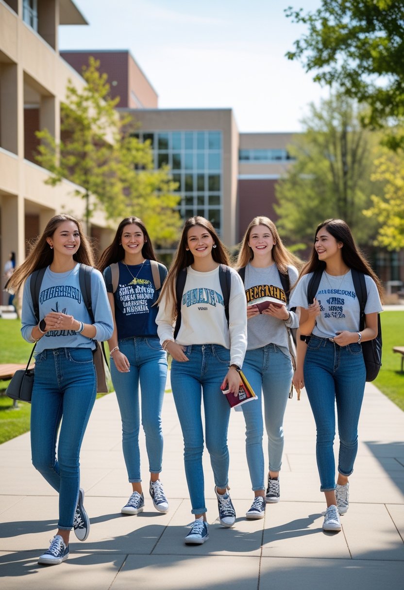 A group of college girls wearing casual daily outfits on a campus, walking and talking with books and backpacks.