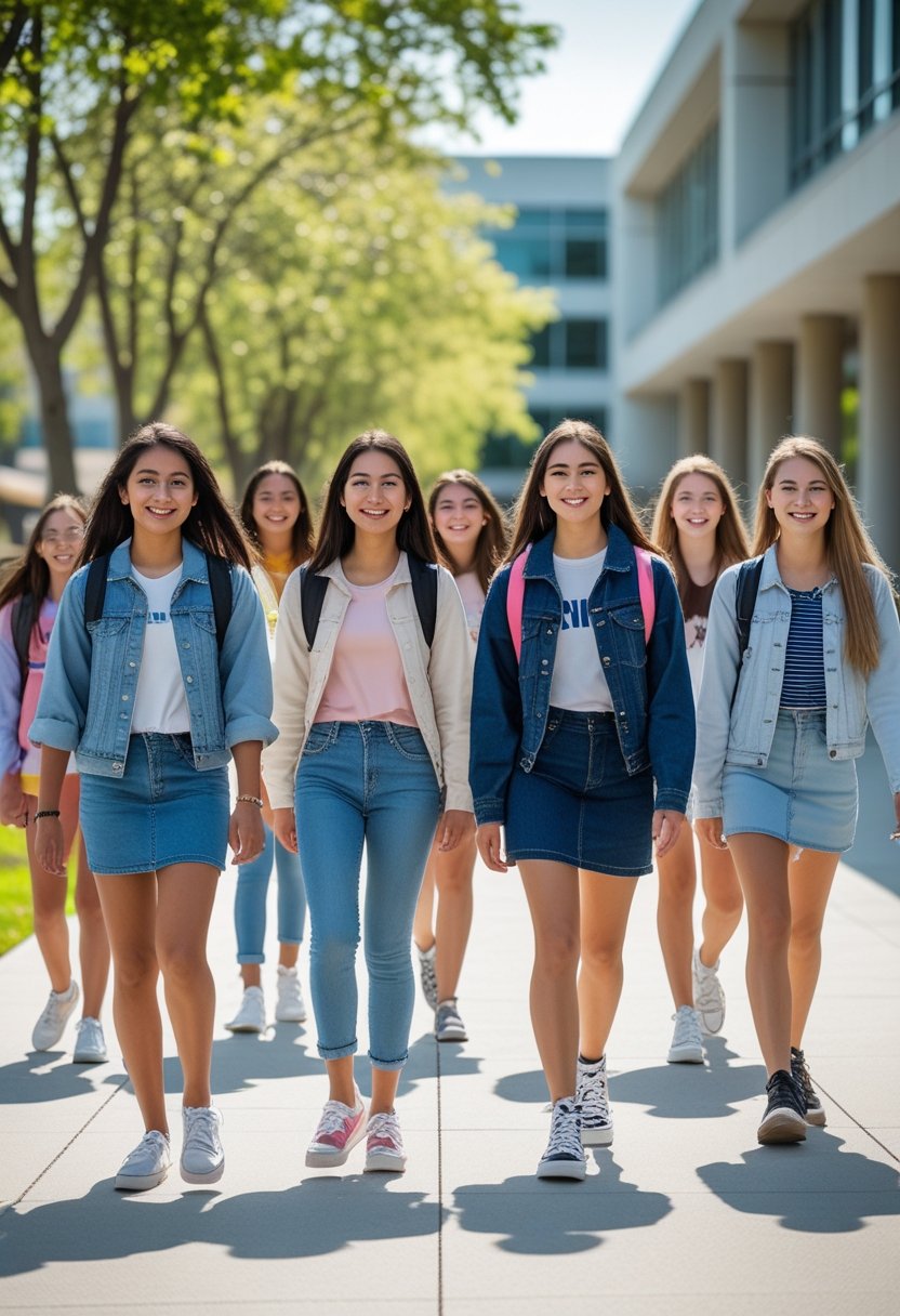 A group of college girls walking outdoors on campus wearing different types of casual footwear.
