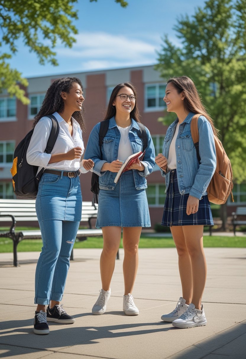 Three young women standing outside near a campus building, smiling and talking while carrying backpacks and books.