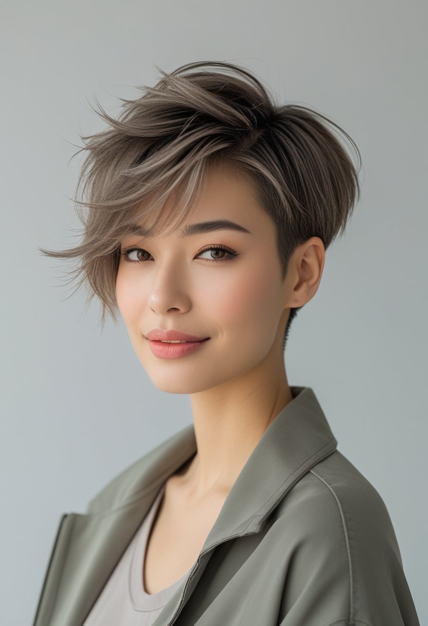 A young adult with a trendy short hairstyle standing against a plain background, looking relaxed and confident.