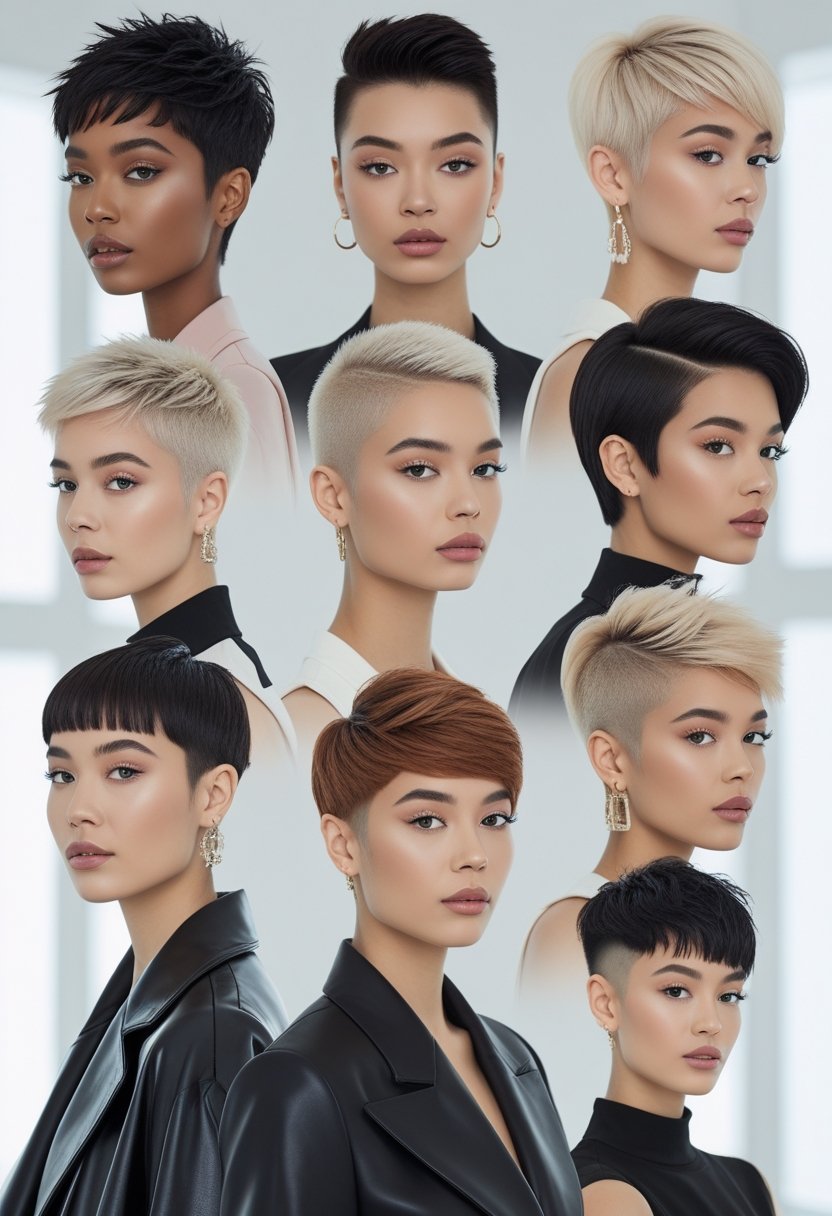 A group of people with various short hairstyles posing in a bright studio.