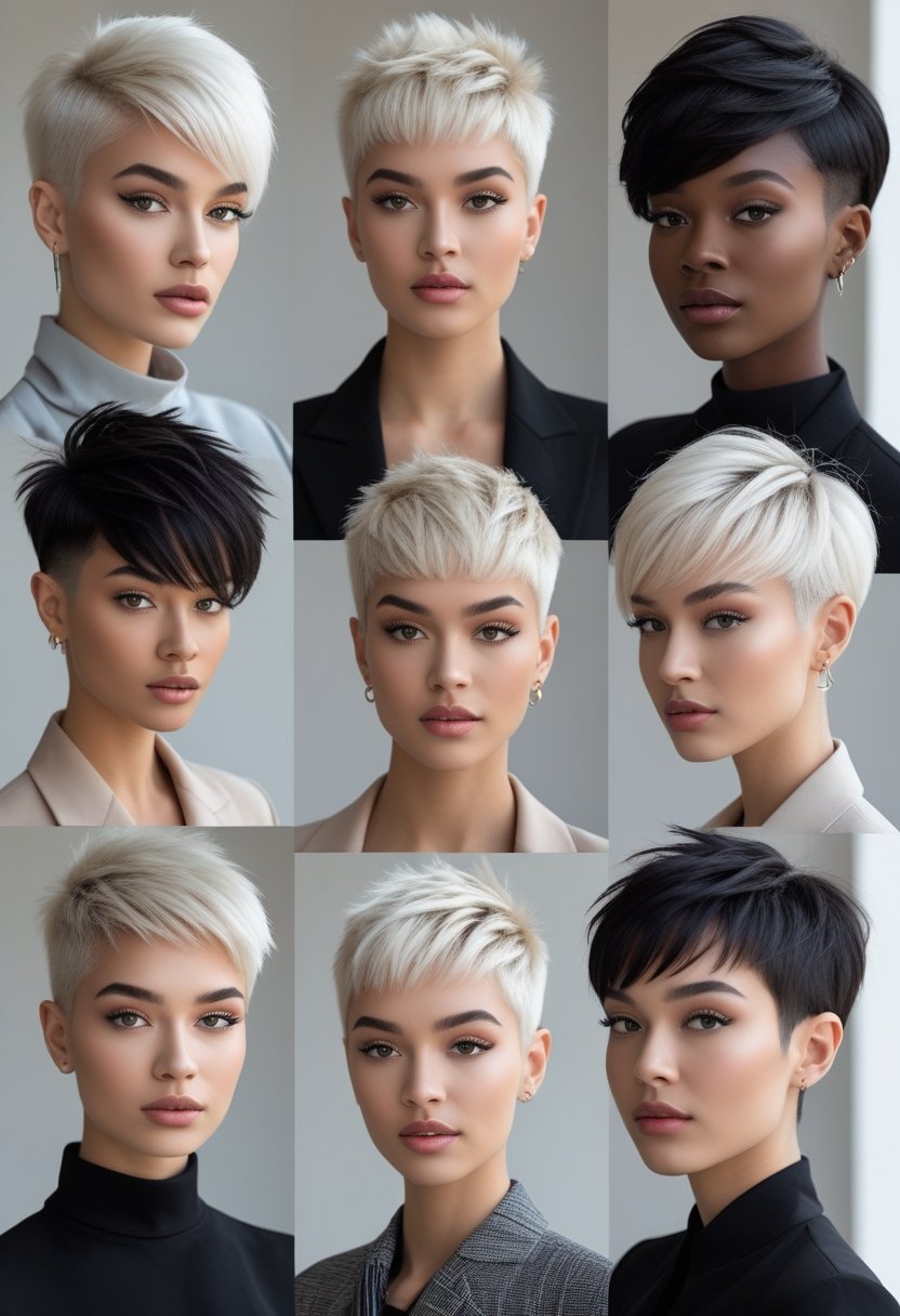 A group of people with various short haircuts posing in a bright studio setting.