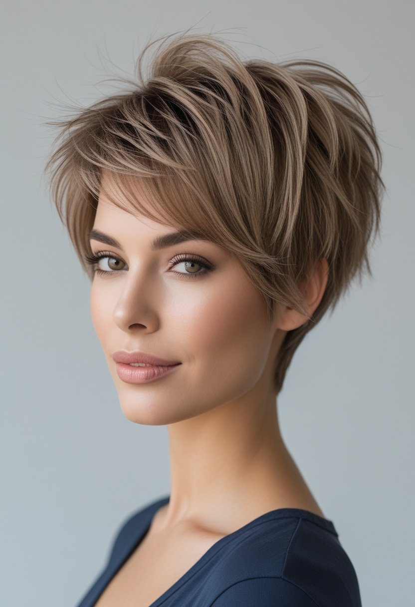 A woman with short layered hair styled in a shaggy cut, looking confidently at the camera against a plain background.