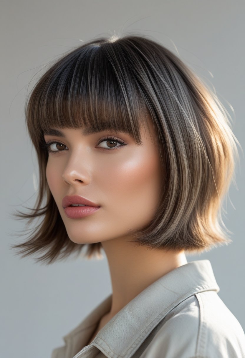 A young woman with short hair and textured bangs looking slightly to the side against a neutral background.