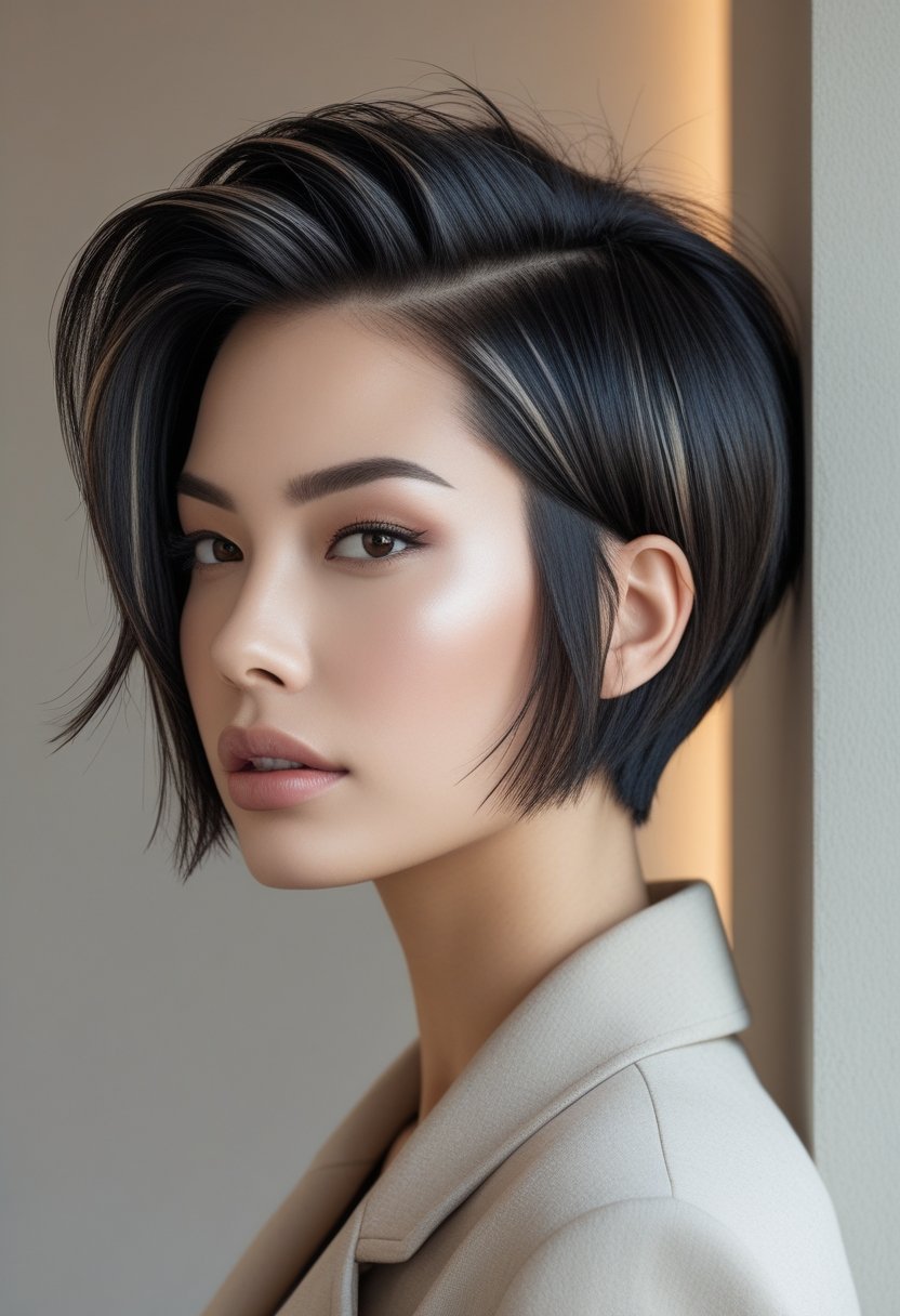 Portrait of a young woman with short hair styled in a modern cut, looking confidently at the camera against a plain background.