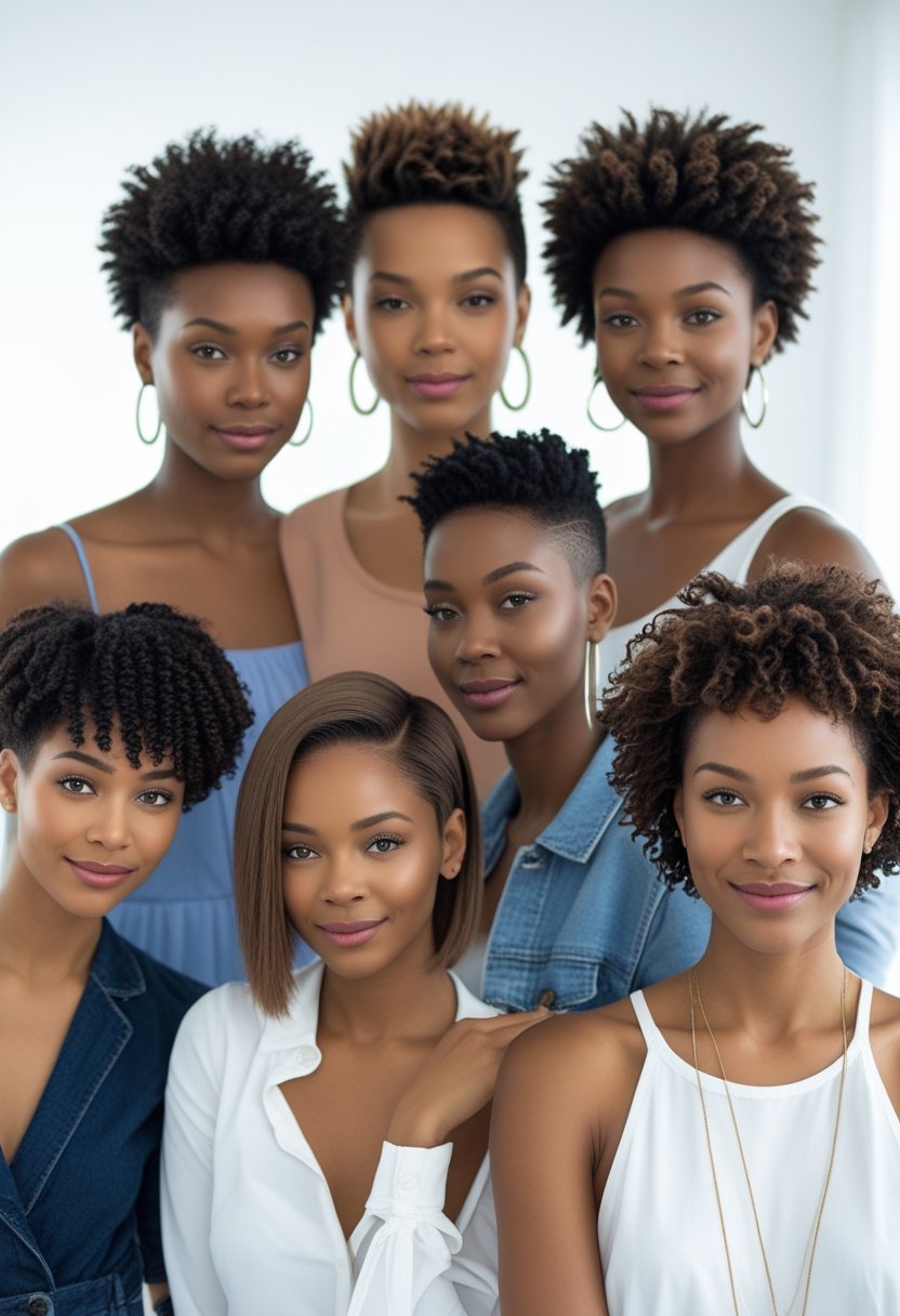 A diverse group of people with various short haircuts and different hair textures posing against a plain white background.