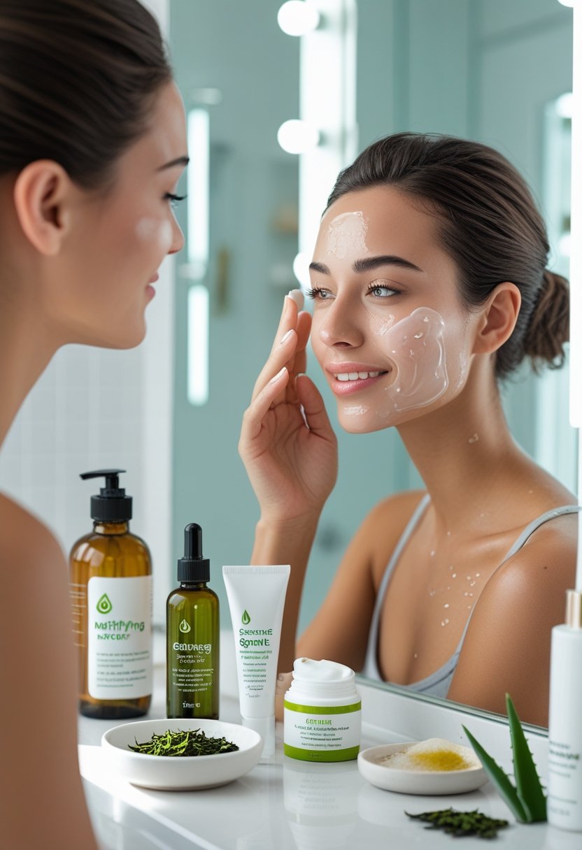 A woman applying moisturizer to her face at a bathroom vanity with skincare products nearby.