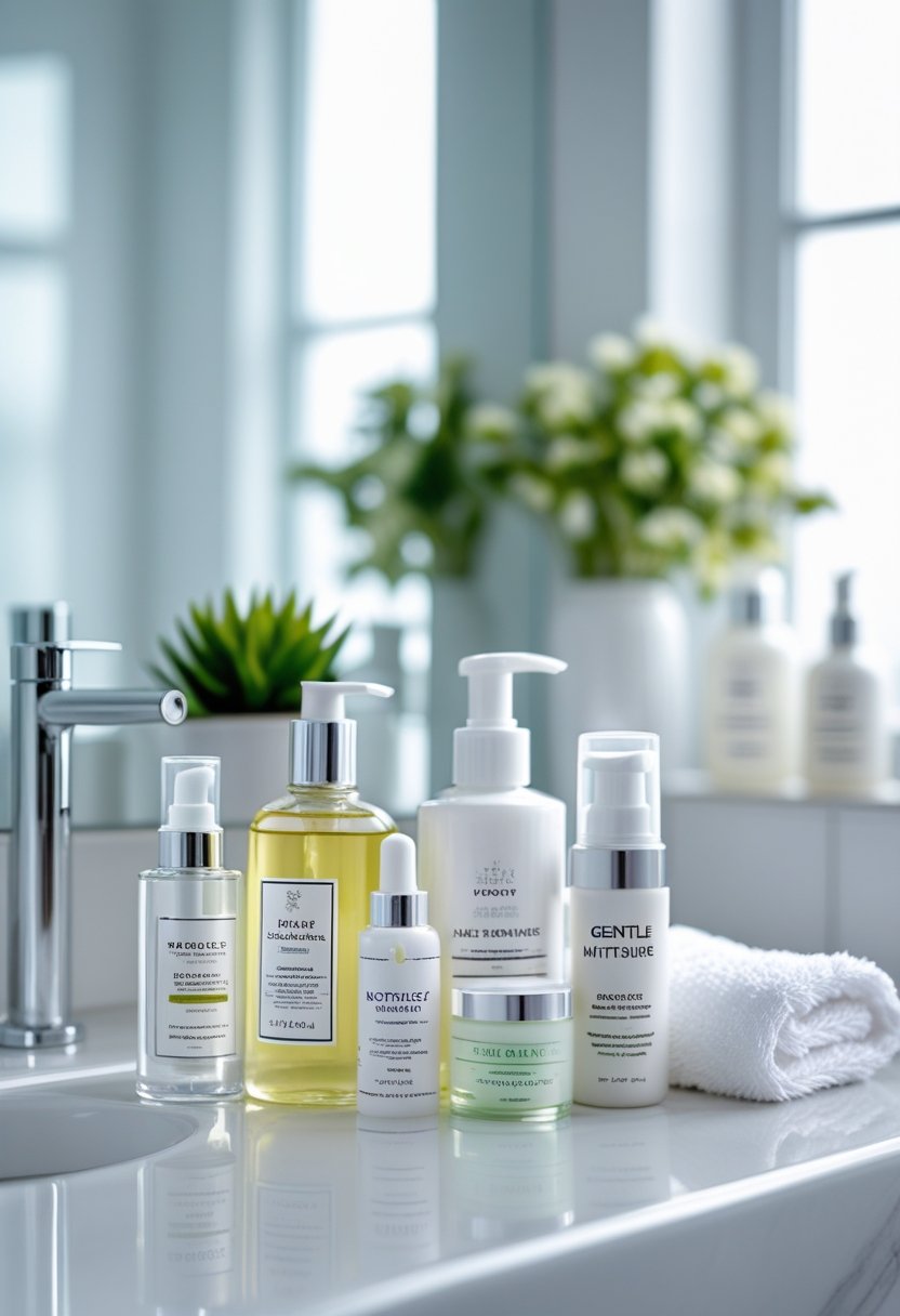 A bathroom countertop with various skincare products arranged neatly, including bottles, jars, a towel, and a small plant.