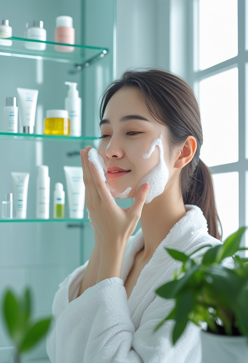 A young woman cleansing her face in a bright bathroom with skincare products on shelves nearby.