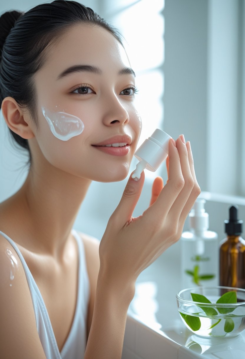 A young woman applying moisturizer to her face in a bright bathroom with skincare products on the counter.