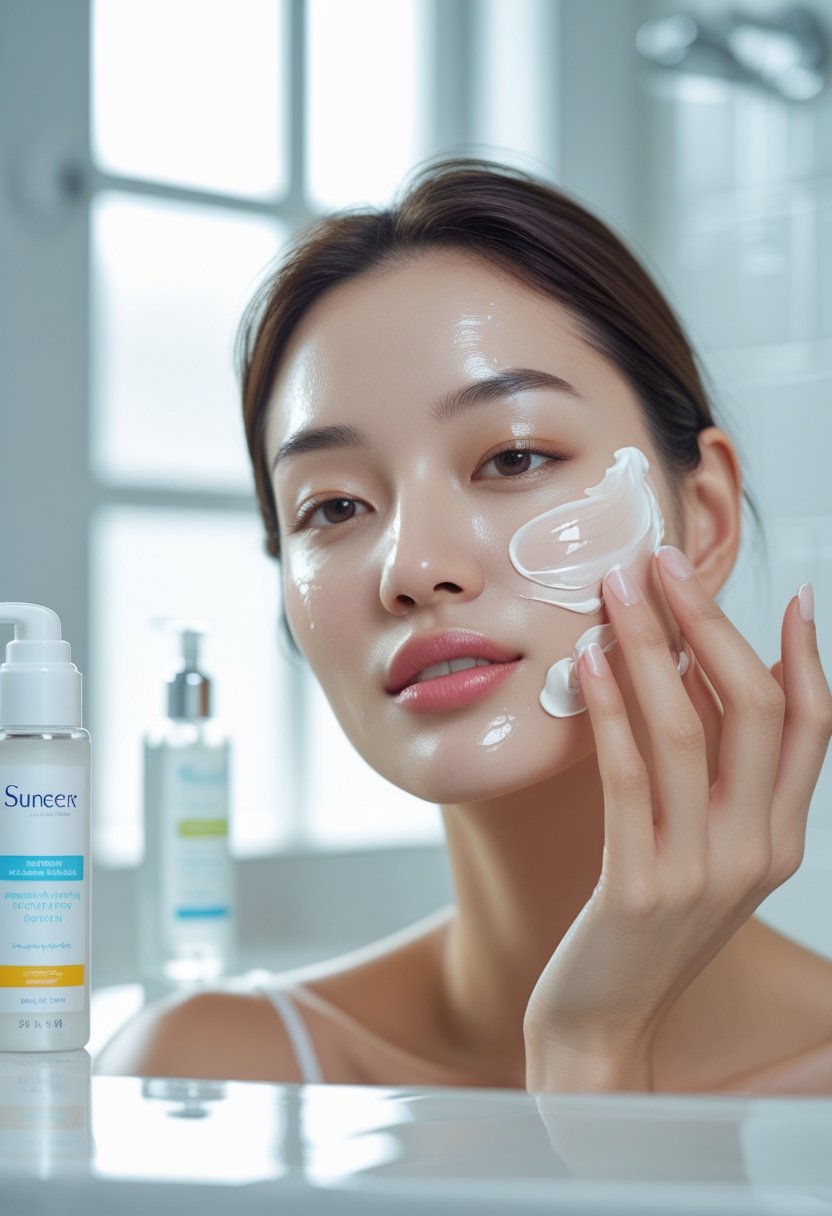 A woman applying sunscreen to her face in a bright bathroom setting.