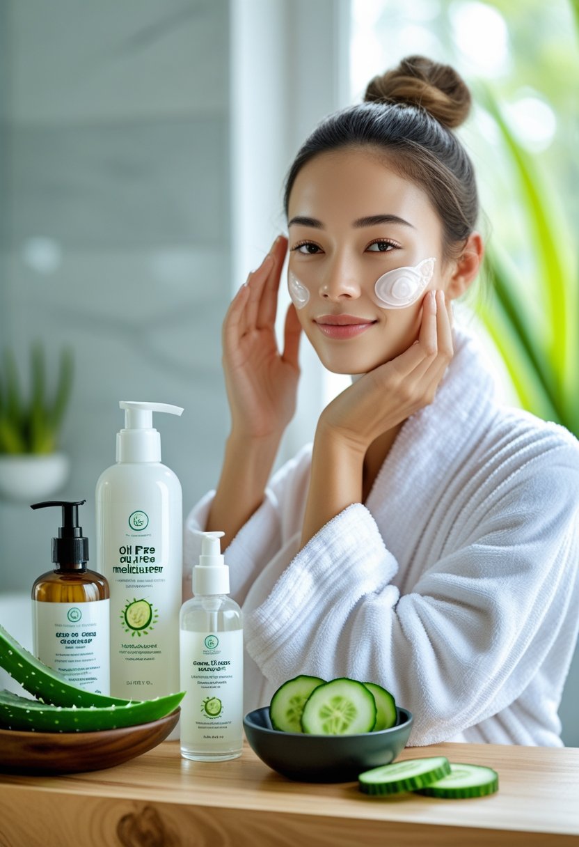 A young woman touching her face in a bathroom with skincare products and natural ingredients on the counter.