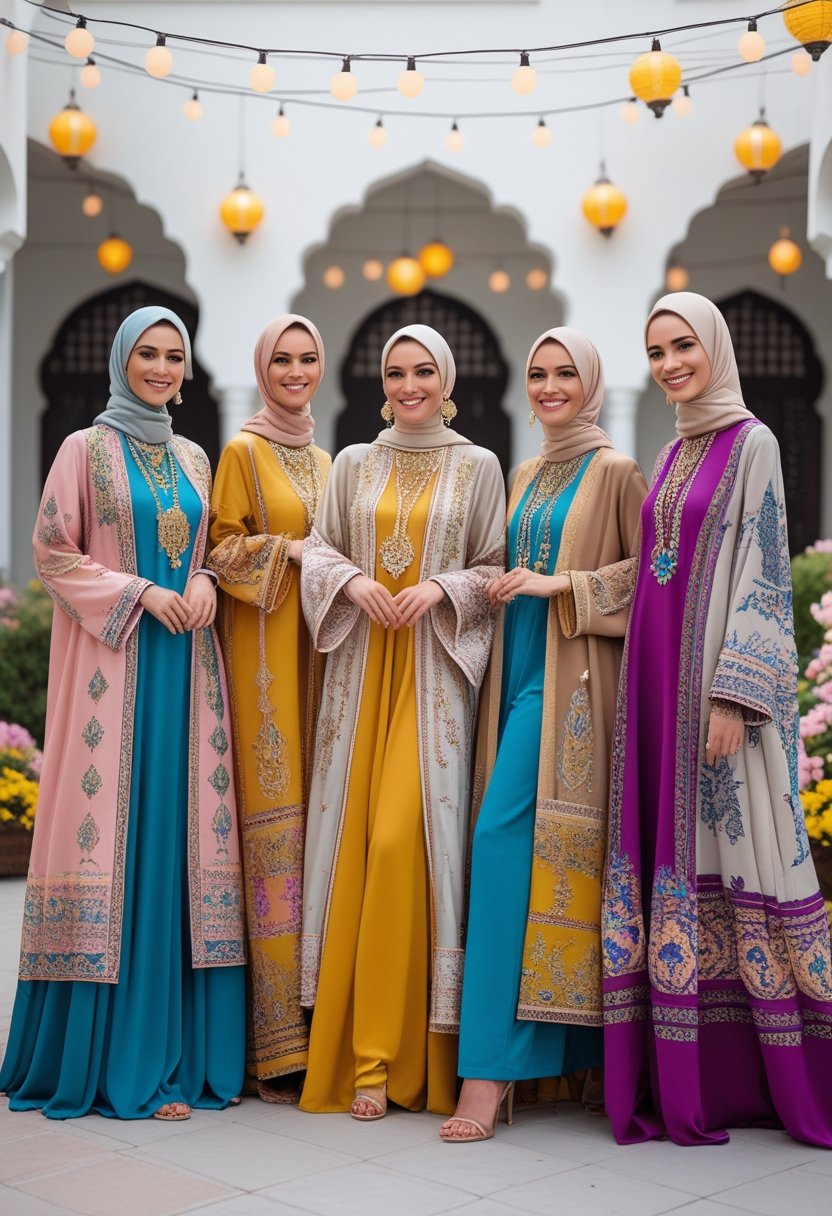 A group of women wearing colorful traditional and modern Eid outfits standing and smiling in an outdoor courtyard decorated with lanterns and flowers.