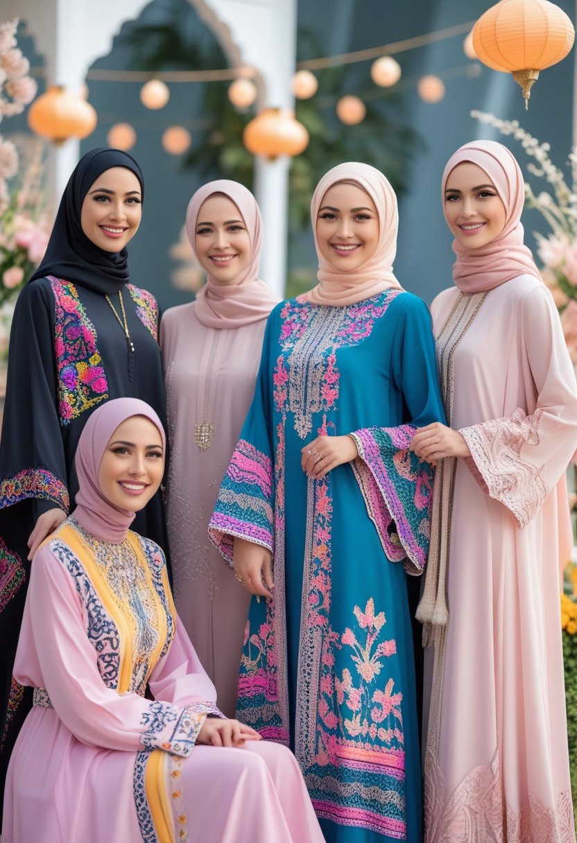 A group of women dressed in colorful and elegant Eid outfits standing outdoors with festive decorations, smiling and enjoying the celebration.