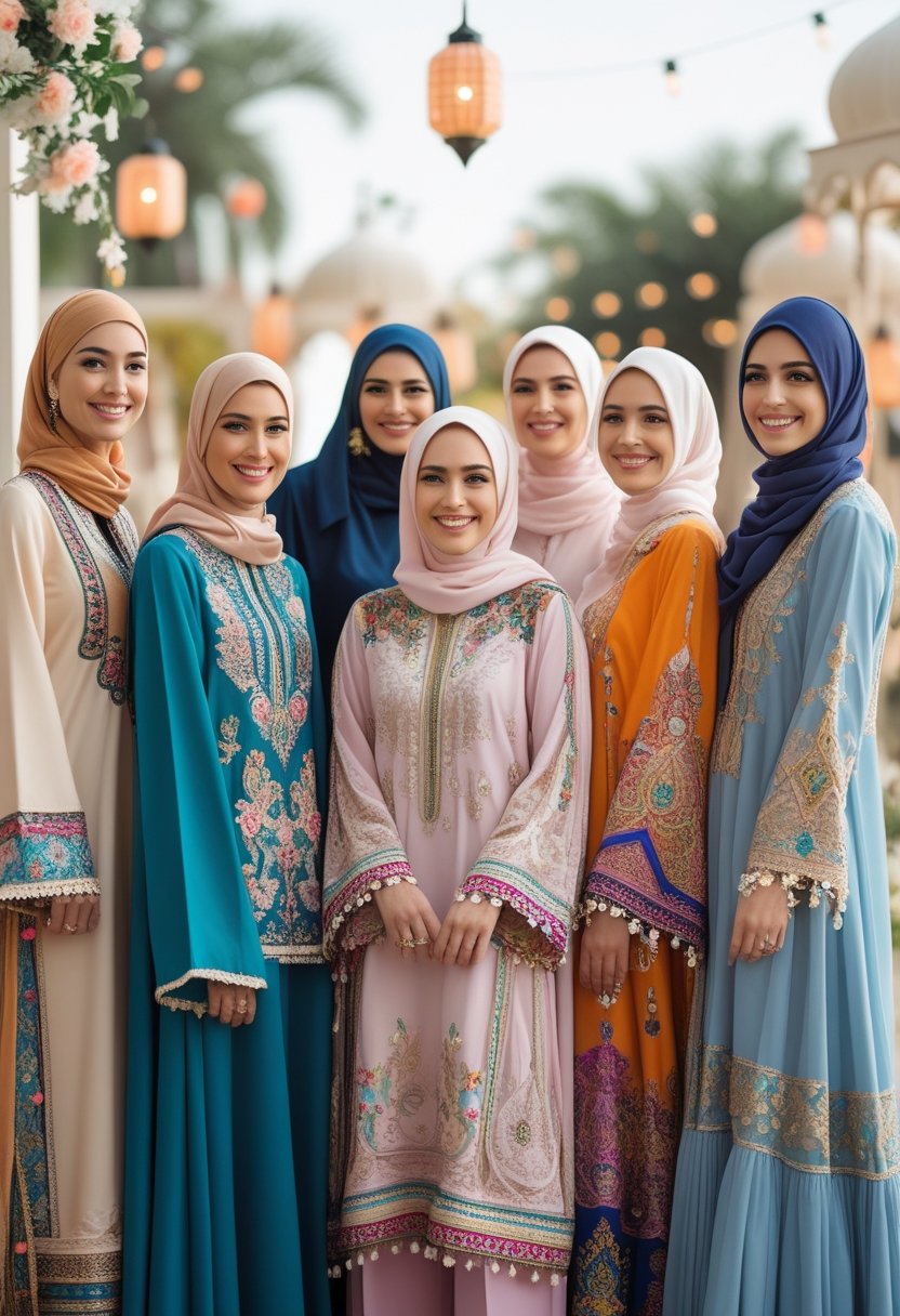 A group of women wearing colorful traditional Eid clothing, standing together and smiling outdoors in a festive setting.