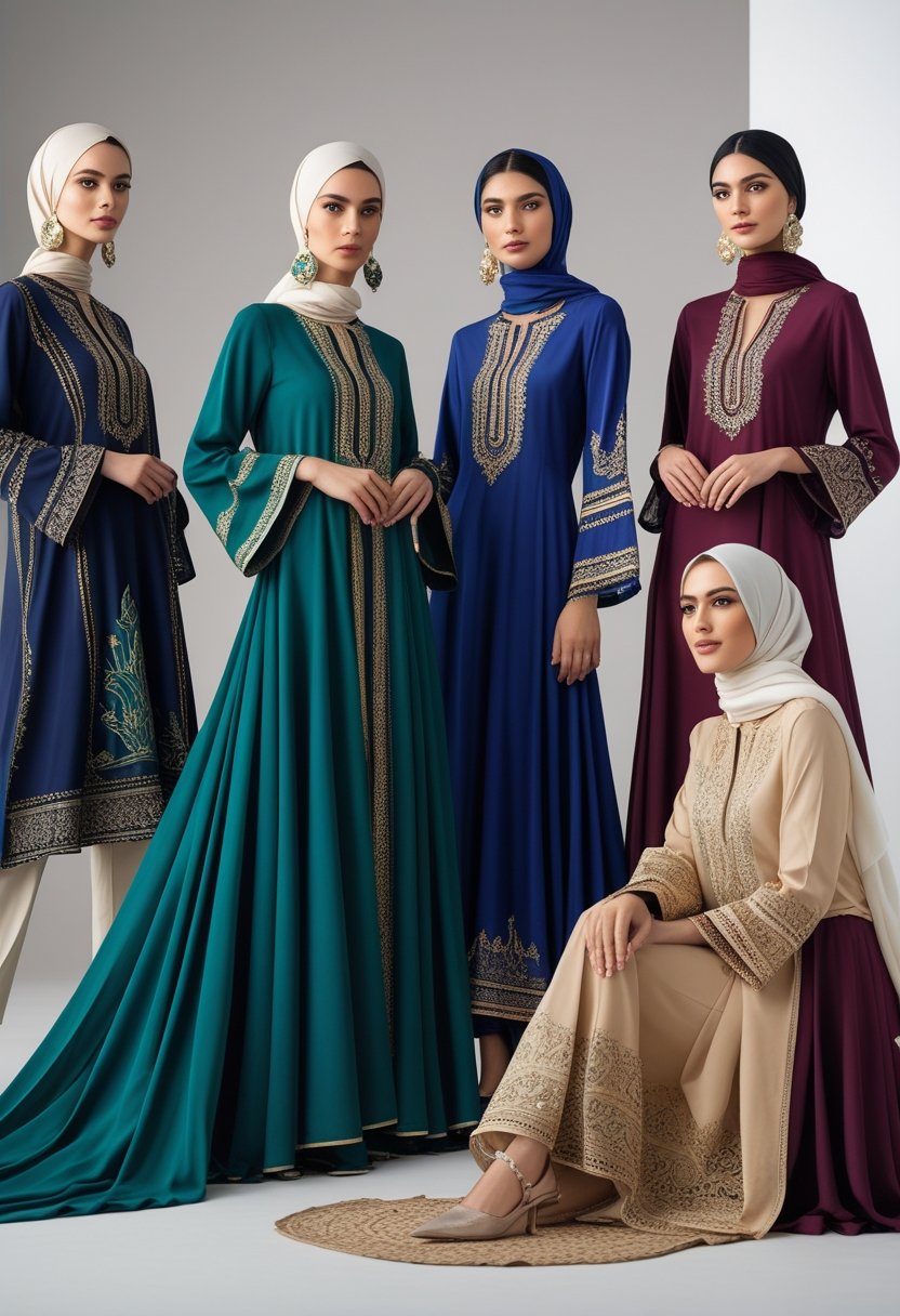 A group of women wearing elegant and colorful Eid outfits standing together in a studio setting.