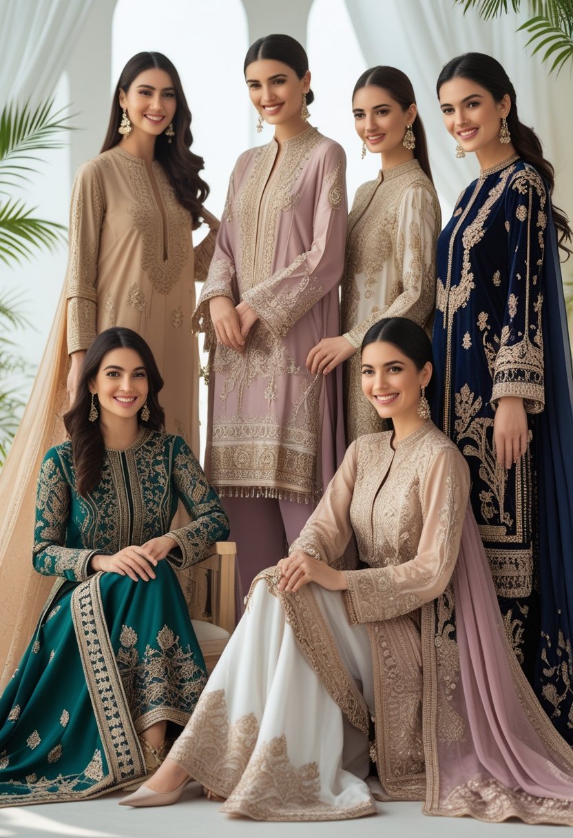 A group of women wearing colorful and intricately decorated traditional outfits, standing together and smiling in a bright setting.