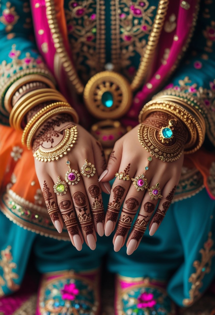 Close-up of a woman's hands with henna designs holding jewelry, with colorful fabrics and stylish shoes in the background.